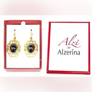 Alzerina Magnolia Earrings Jet Hematite 24K Gold Overlay Boxed Vintage Style